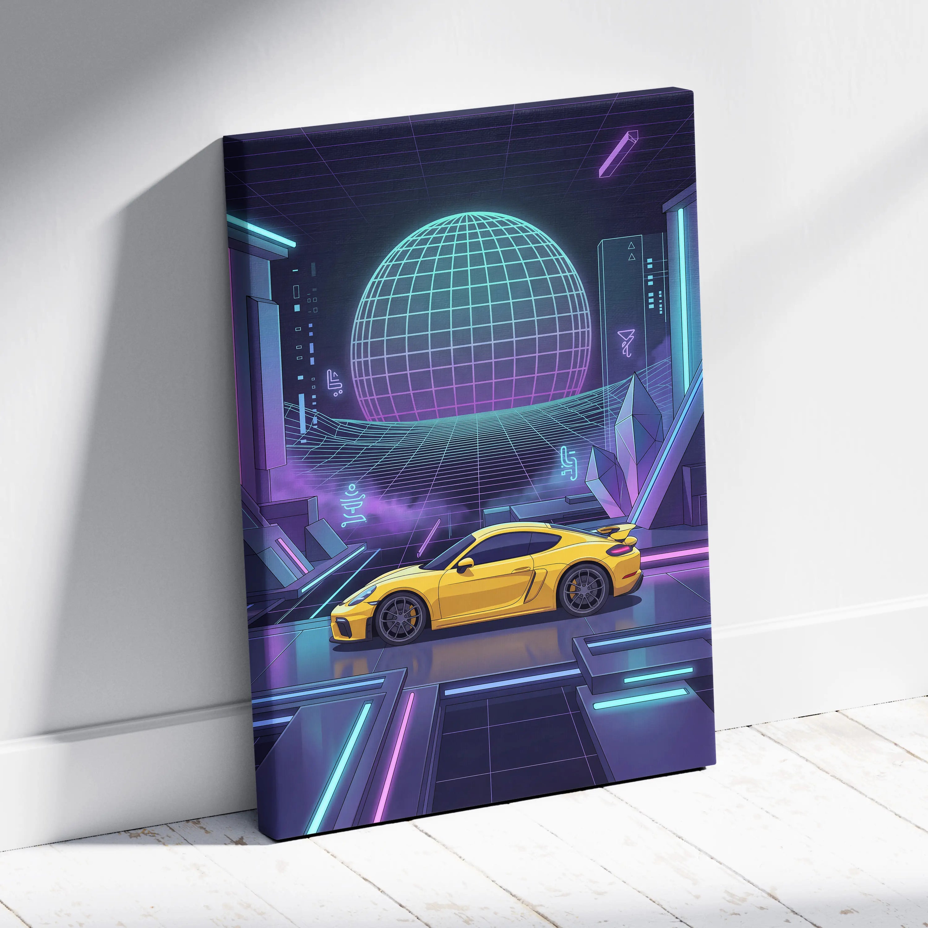 Porsche 718 Cayman GT4 Inspired Yellow Purple Canvas Wall Art Vaporwave Neon Grid Sports Car Artwork, Futuristic Garage Decor