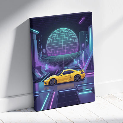 Porsche 718 Cayman GT4 Inspired Yellow Purple Canvas Wall Art Vaporwave Neon Grid Sports Car Artwork, Futuristic Garage Decor