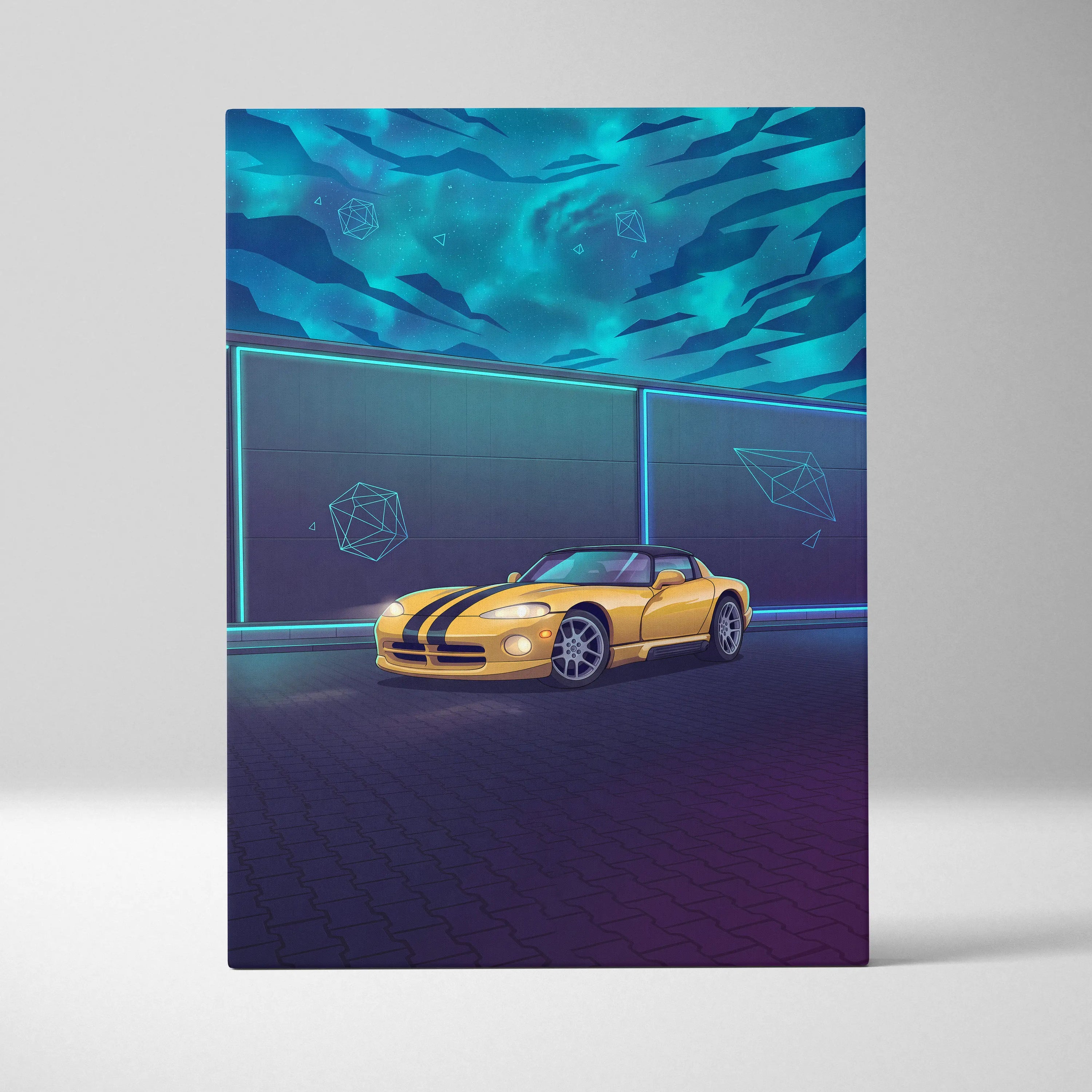 Dodge Viper Inspired Yellow Teal Canvas Wall Art Vaporwave Sports Car Artwork Neon Night Garage Decor Retro Futuristic Performance Print