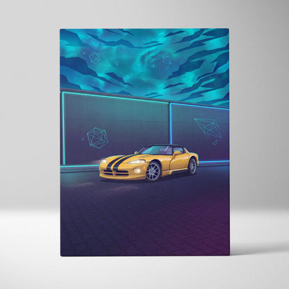Dodge Viper Inspired Yellow Teal Canvas Wall Art Vaporwave Sports Car Artwork Neon Night Garage Decor Retro Futuristic Performance Print