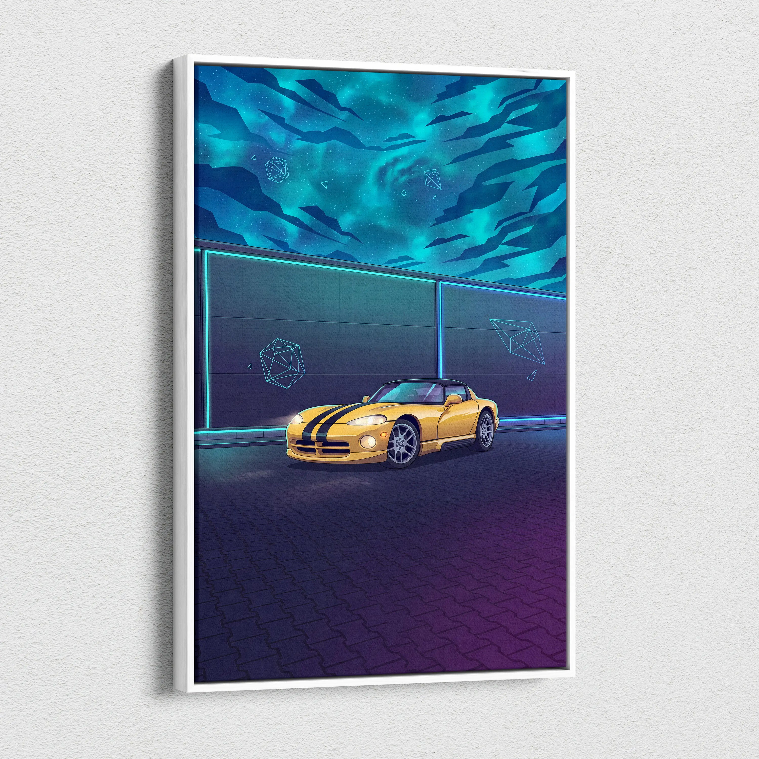 Dodge Viper Inspired Yellow Teal Canvas Wall Art Vaporwave Sports Car Artwork Neon Night Garage Decor Retro Futuristic Performance Print