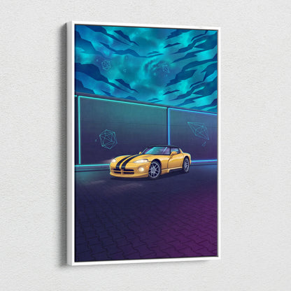 Dodge Viper Inspired Yellow Teal Canvas Wall Art Vaporwave Sports Car Artwork Neon Night Garage Decor Retro Futuristic Performance Print