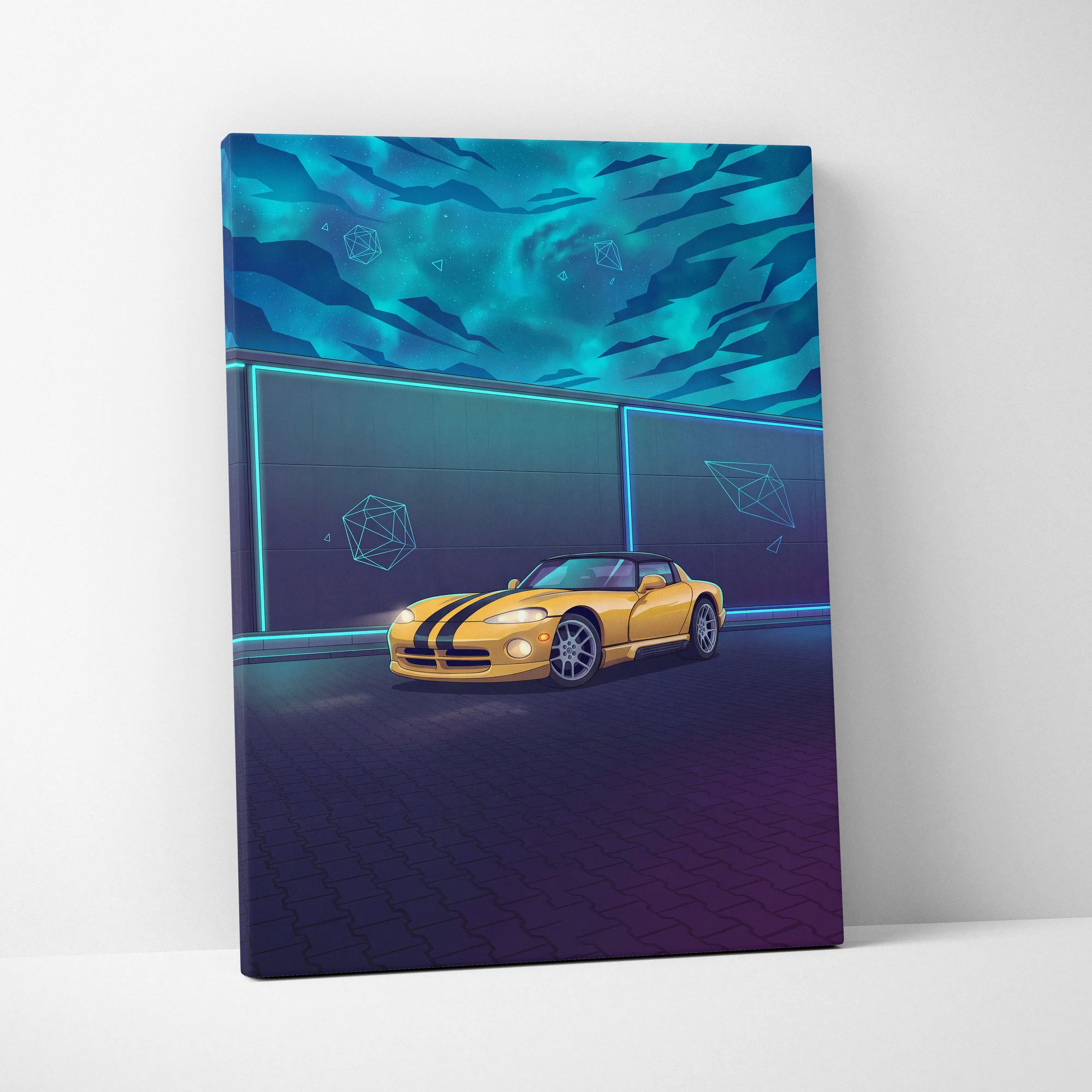 Dodge Viper Inspired Yellow Teal Canvas Wall Art Vaporwave Sports Car Artwork Neon Night Garage Decor Retro Futuristic Performance Print