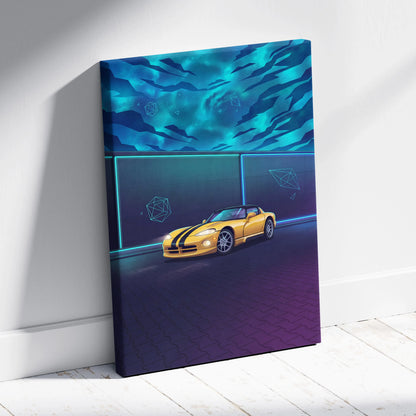 Dodge Viper Inspired Yellow Teal Canvas Wall Art Vaporwave Sports Car Artwork Neon Night Garage Decor Retro Futuristic Performance Print