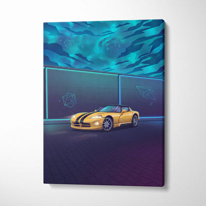 Dodge Viper Inspired Yellow Teal Canvas Wall Art Vaporwave Sports Car Artwork Neon Night Garage Decor Retro Futuristic Performance Print