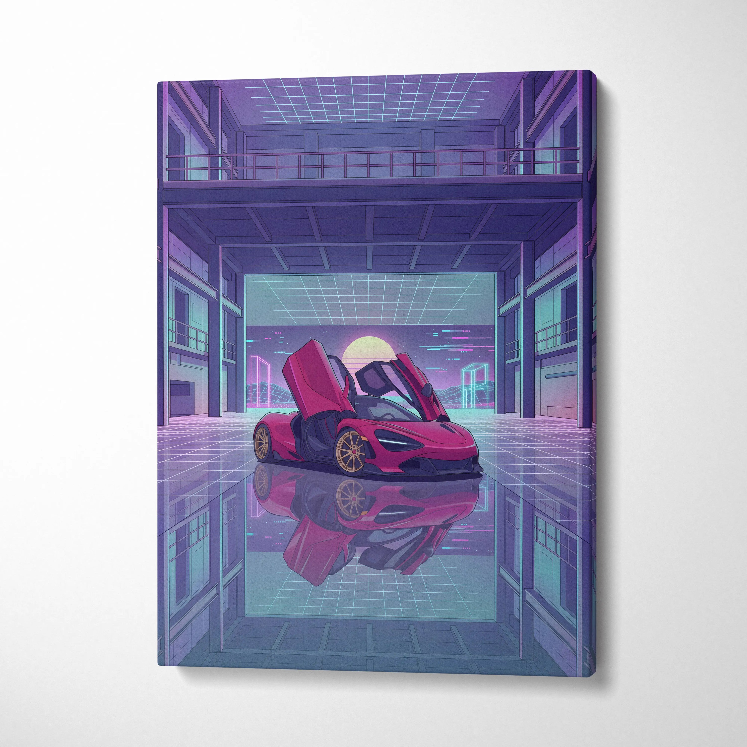McLaren 720S Inspired Red Purple Canvas Wall Art Vaporwave Supercar Artwork Neon Garage Decor Retro Futuristic Luxury Car Print