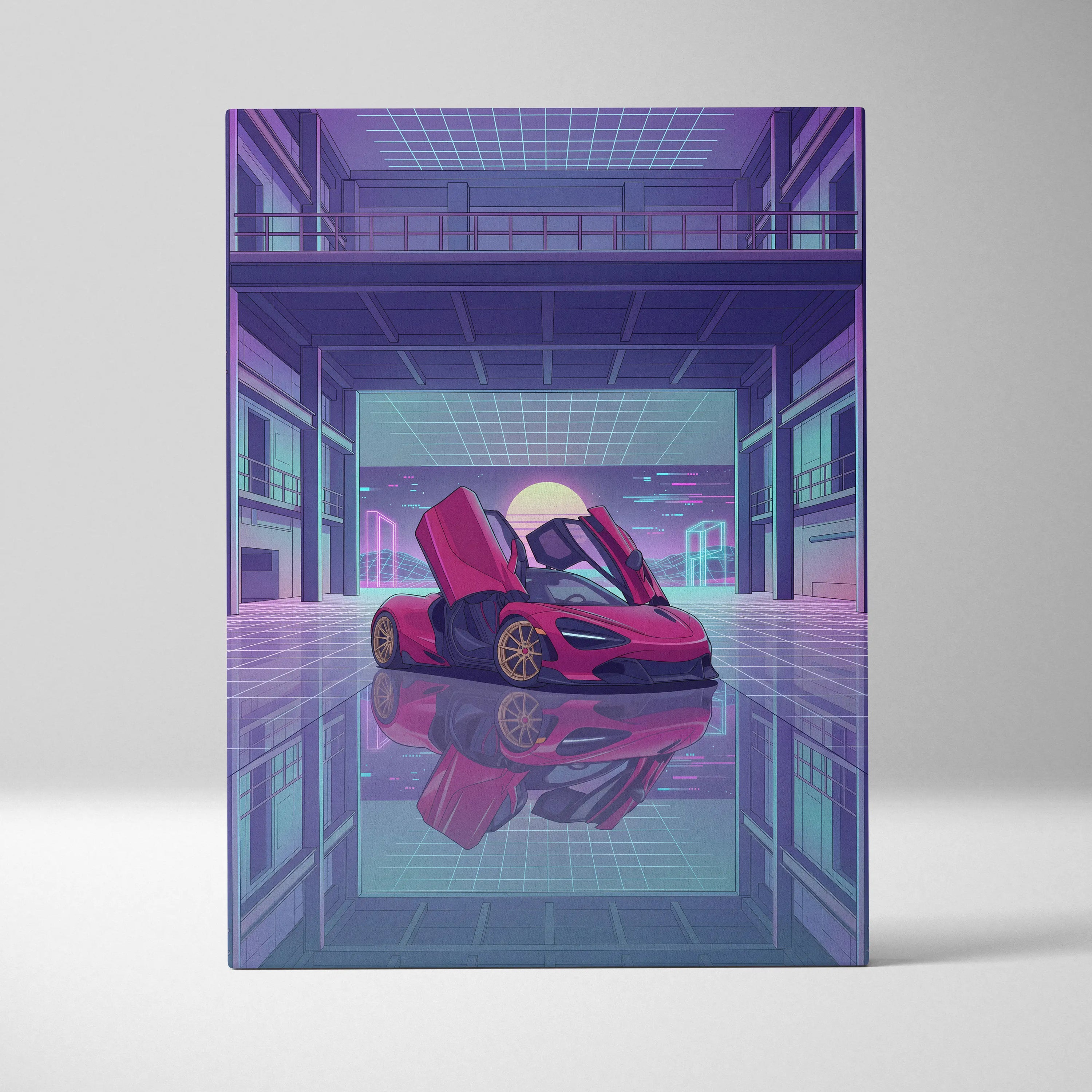 McLaren 720S Inspired Red Purple Canvas Wall Art Vaporwave Supercar Artwork Neon Garage Decor Retro Futuristic Luxury Car Print
