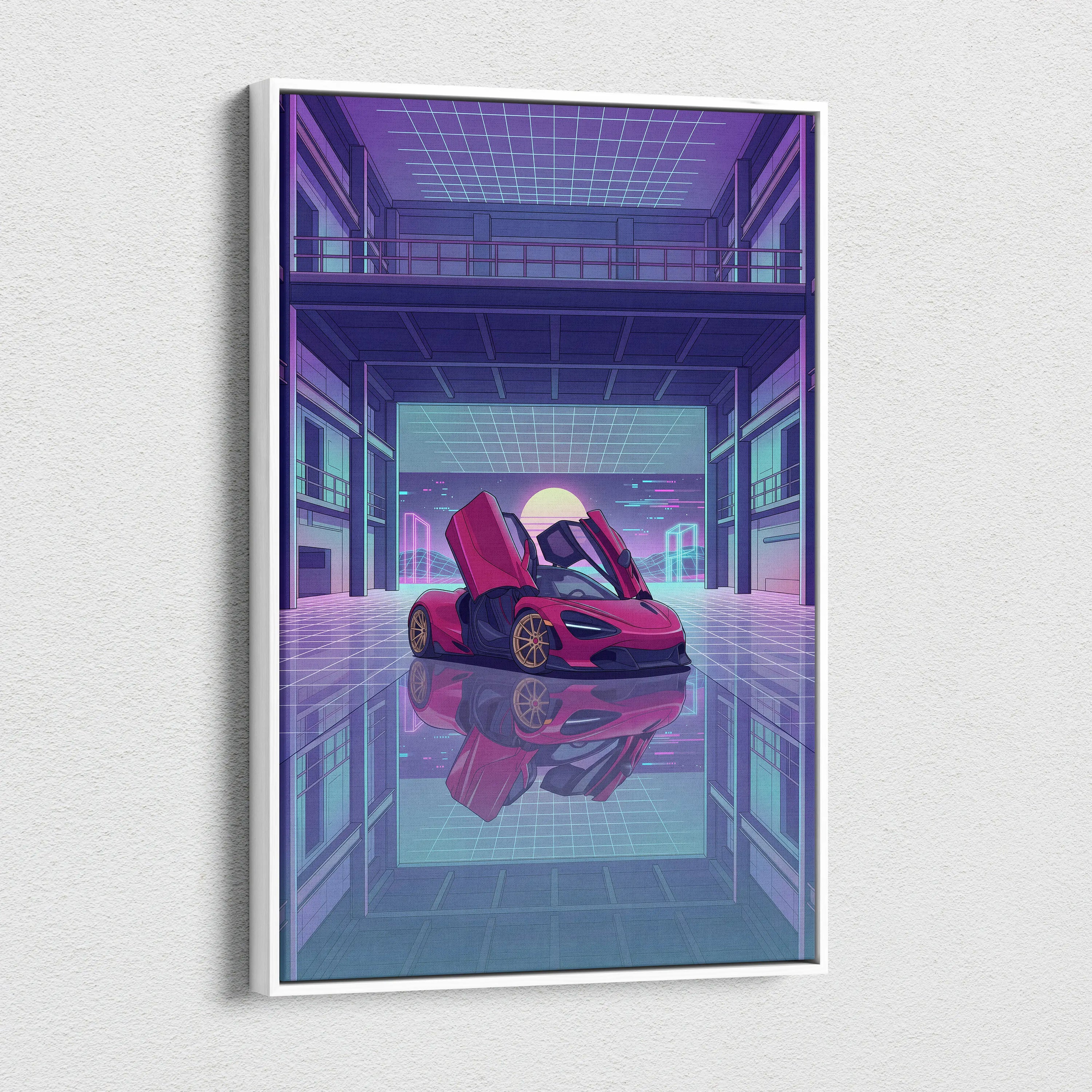 McLaren 720S Inspired Red Purple Canvas Wall Art Vaporwave Supercar Artwork Neon Garage Decor Retro Futuristic Luxury Car Print