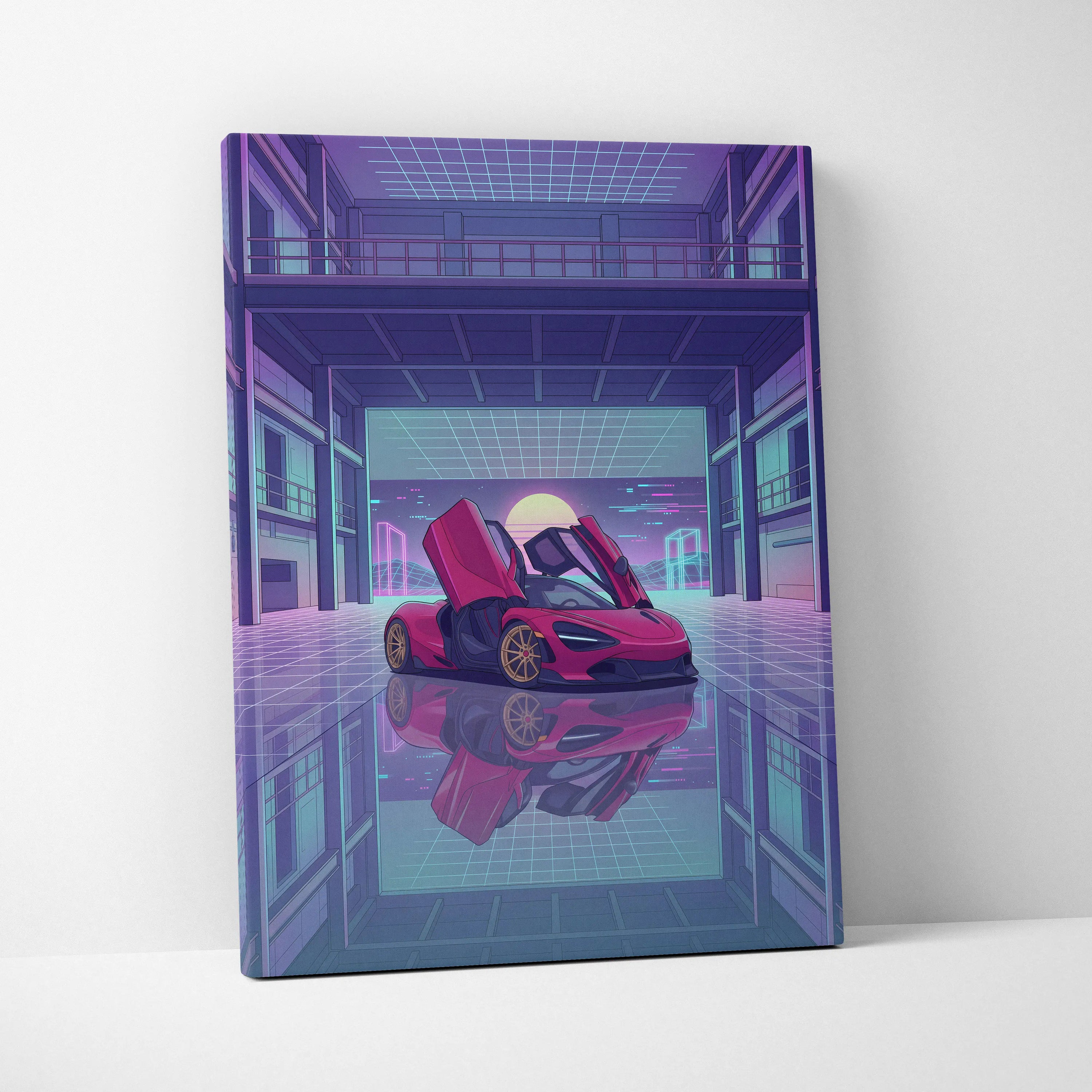 McLaren 720S Inspired Red Purple Canvas Wall Art Vaporwave Supercar Artwork Neon Garage Decor Retro Futuristic Luxury Car Print