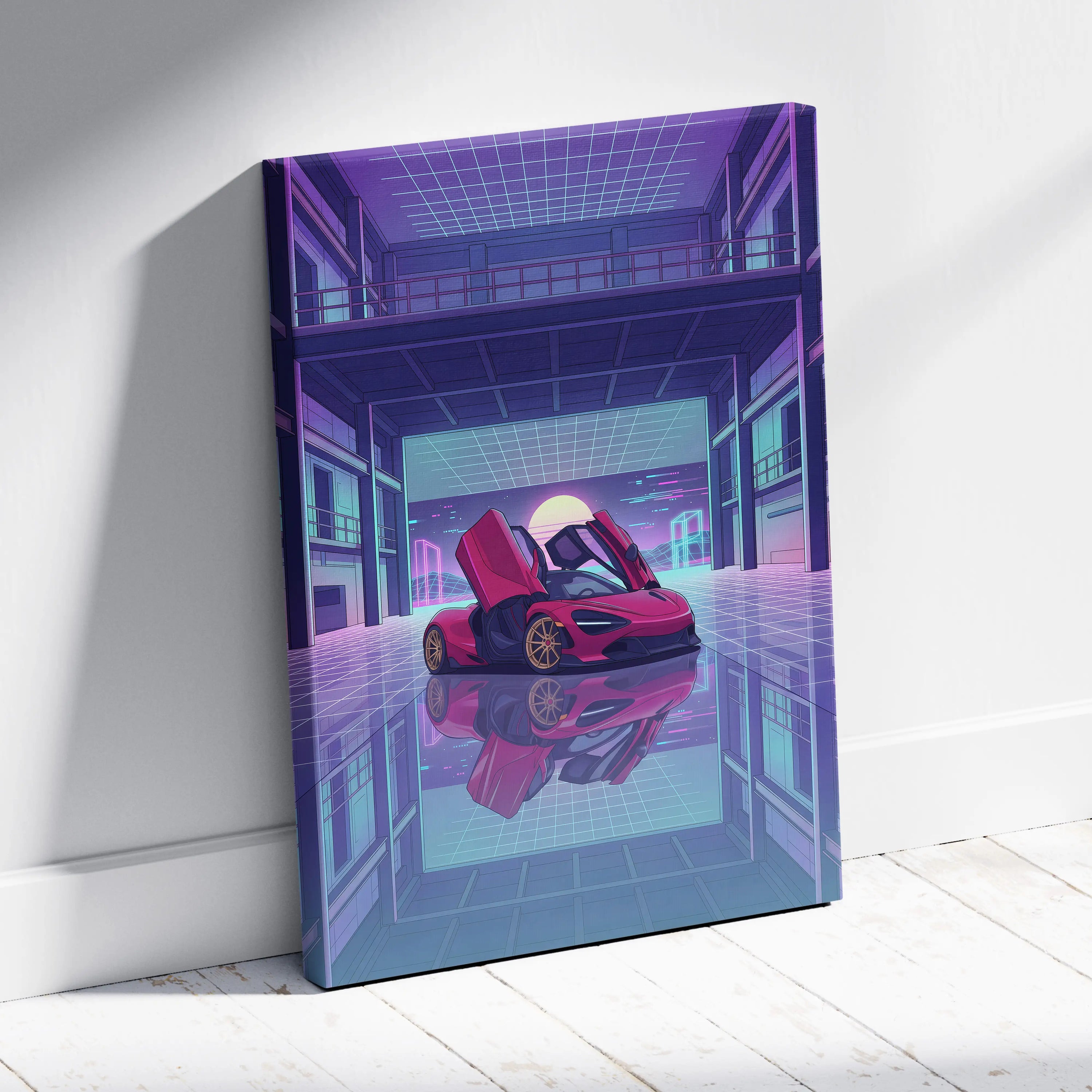 McLaren 720S Inspired Red Purple Canvas Wall Art Vaporwave Supercar Artwork Neon Garage Decor Retro Futuristic Luxury Car Print