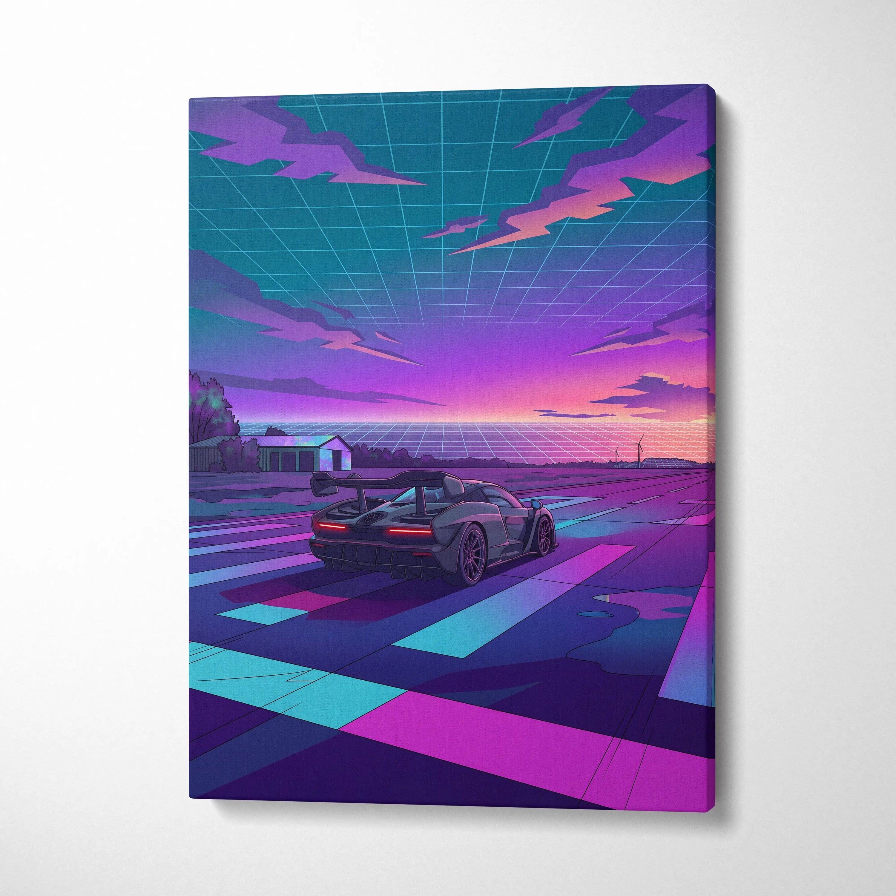 McLaren Senna Inspired Gray Purple Canvas Wall Art Vaporwave Hypercar Artwork Neon Sunset Garage Decor Retro Futuristic Track Print