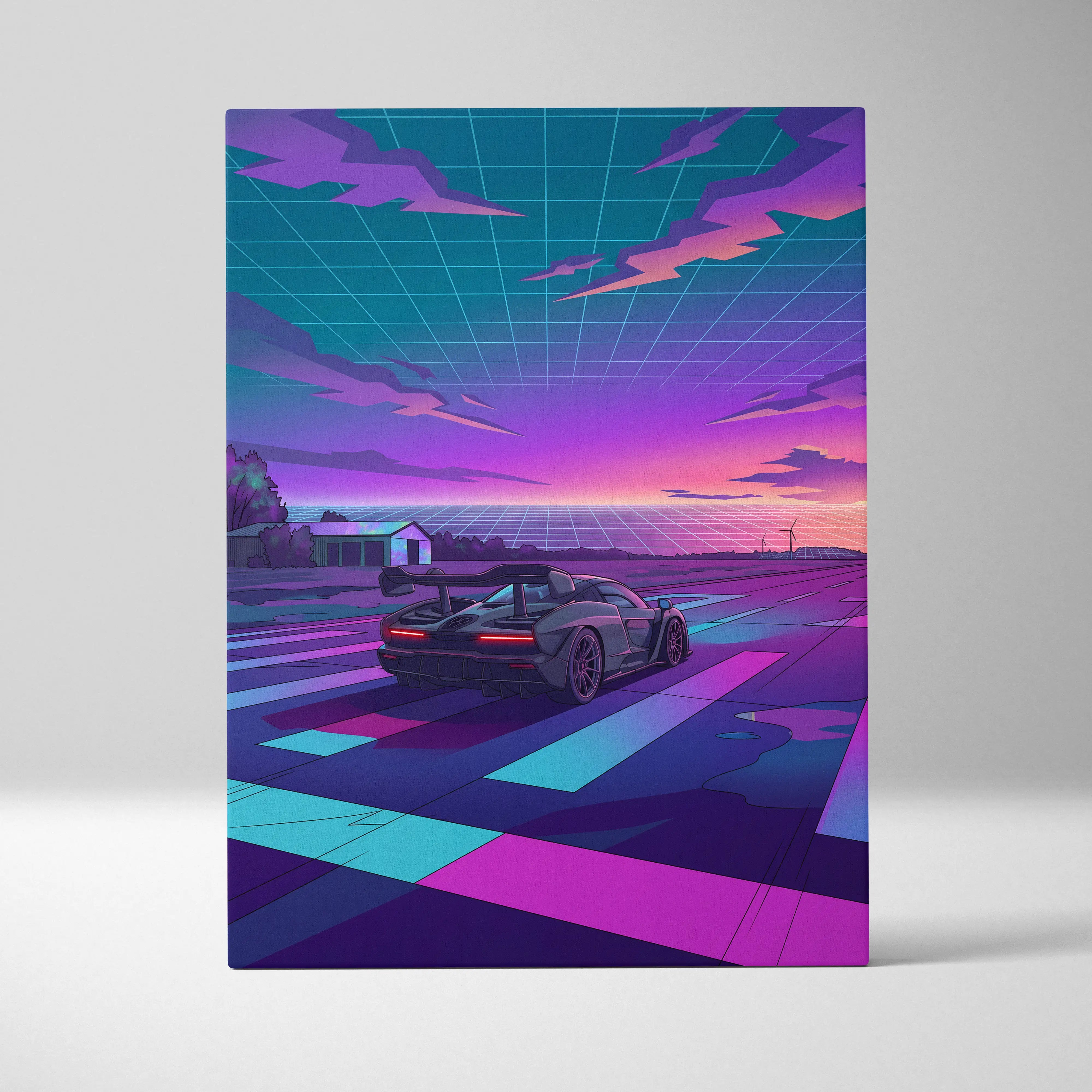 McLaren Senna Inspired Gray Purple Canvas Wall Art Vaporwave Hypercar Artwork Neon Sunset Garage Decor Retro Futuristic Track Print