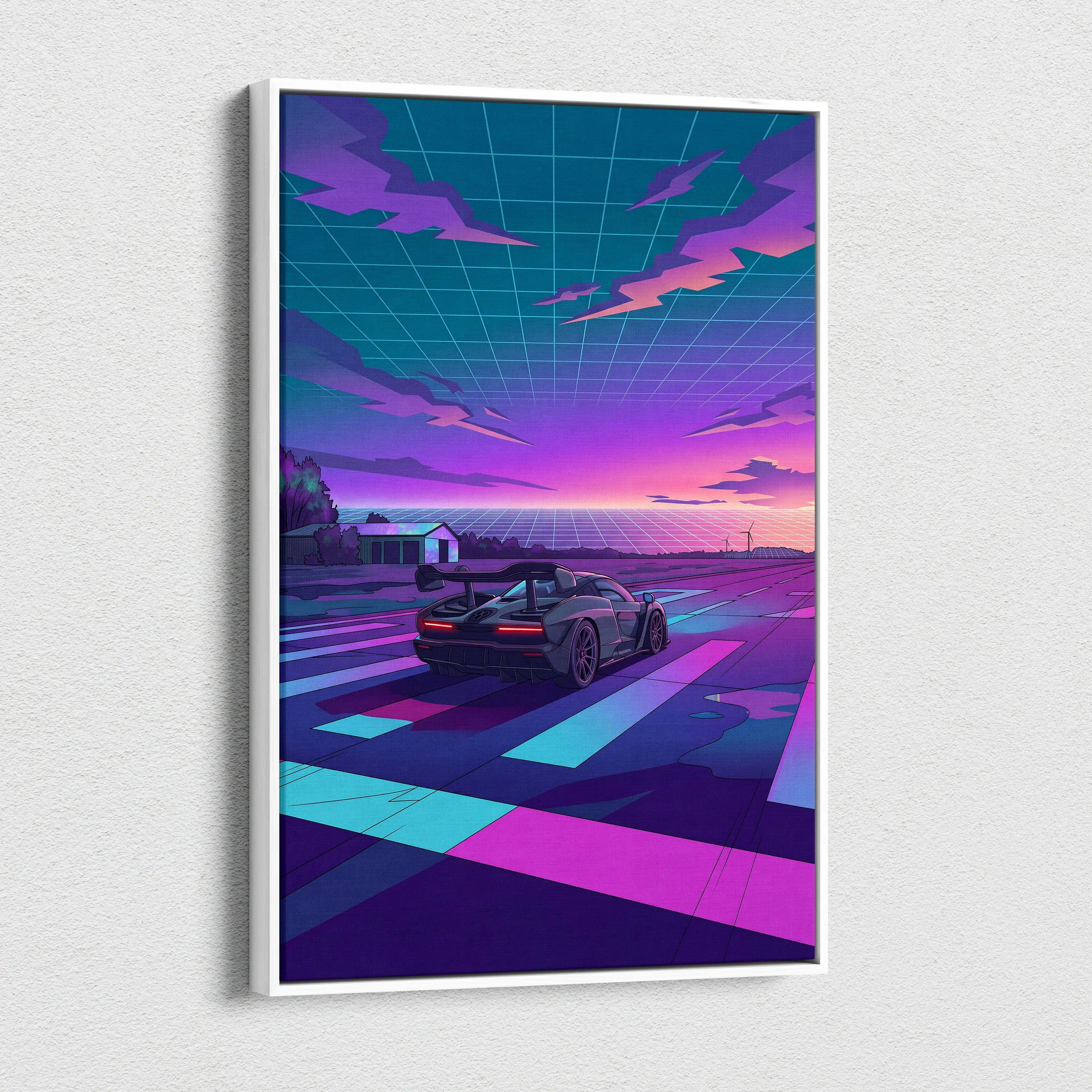 McLaren Senna Inspired Gray Purple Canvas Wall Art Vaporwave Hypercar Artwork Neon Sunset Garage Decor Retro Futuristic Track Print