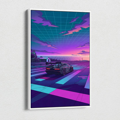 McLaren Senna Inspired Gray Purple Canvas Wall Art Vaporwave Hypercar Artwork Neon Sunset Garage Decor Retro Futuristic Track Print