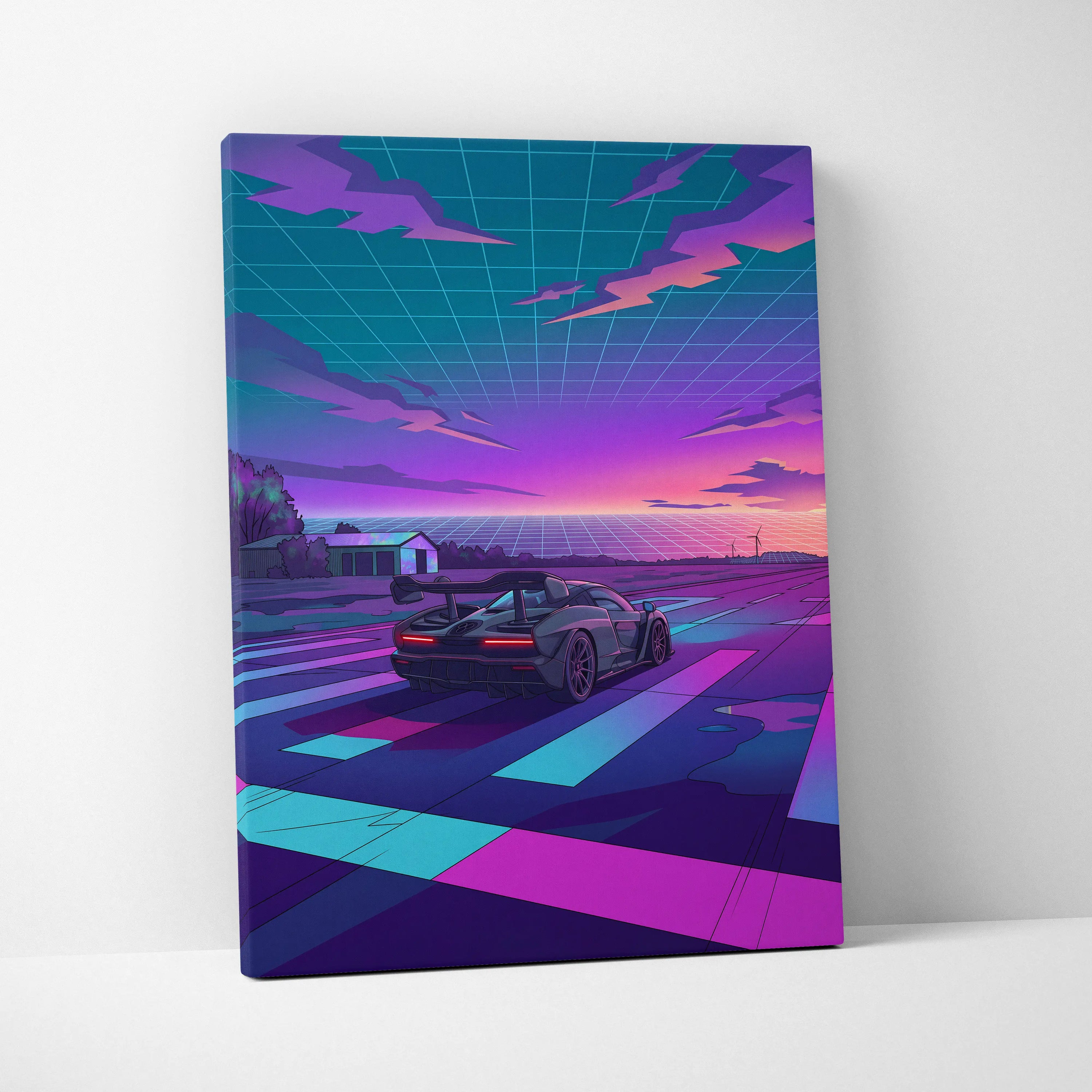 McLaren Senna Inspired Gray Purple Canvas Wall Art Vaporwave Hypercar Artwork Neon Sunset Garage Decor Retro Futuristic Track Print