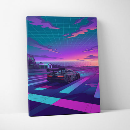 McLaren Senna Inspired Gray Purple Canvas Wall Art Vaporwave Hypercar Artwork Neon Sunset Garage Decor Retro Futuristic Track Print