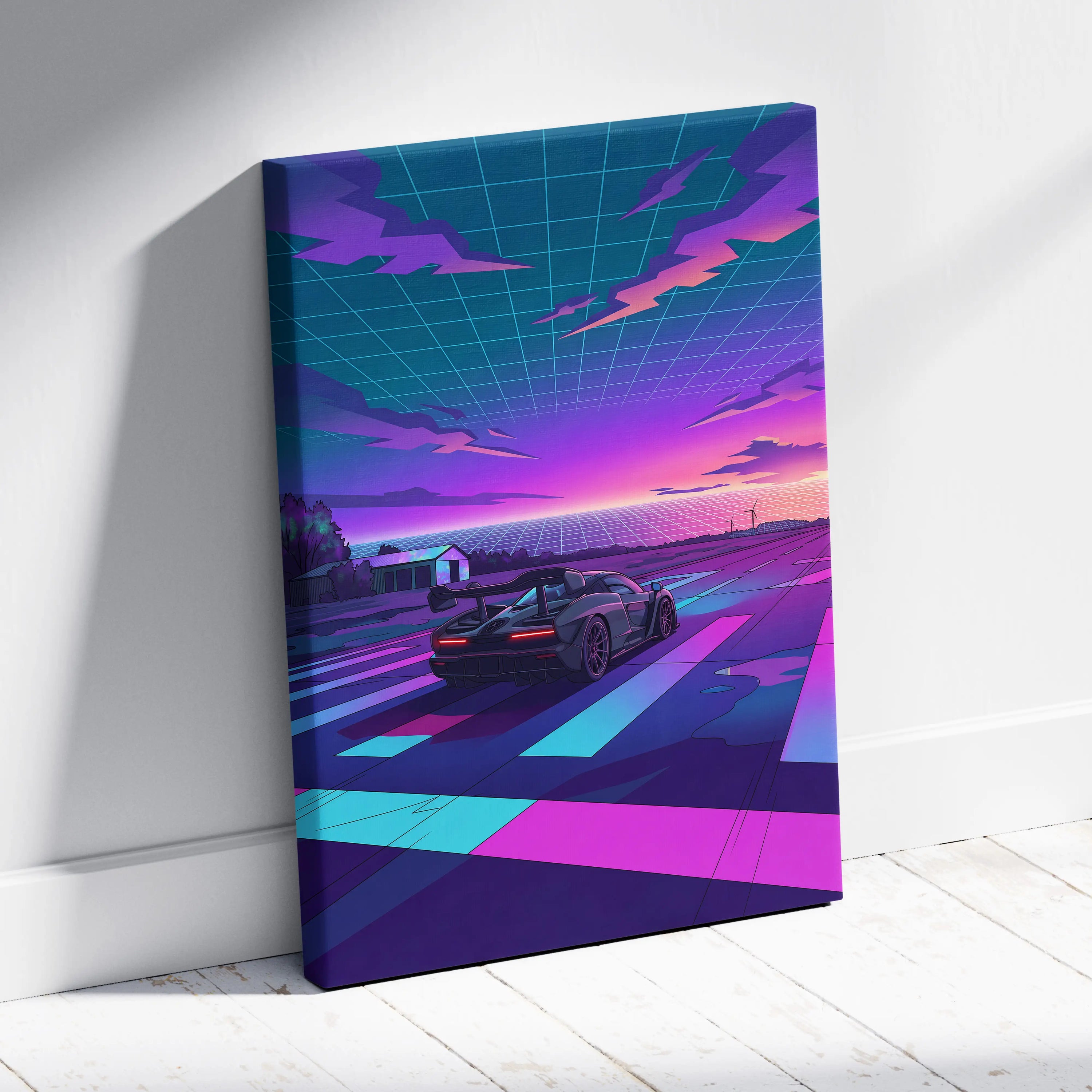 McLaren Senna Inspired Gray Purple Canvas Wall Art Vaporwave Hypercar Artwork Neon Sunset Garage Decor Retro Futuristic Track Print