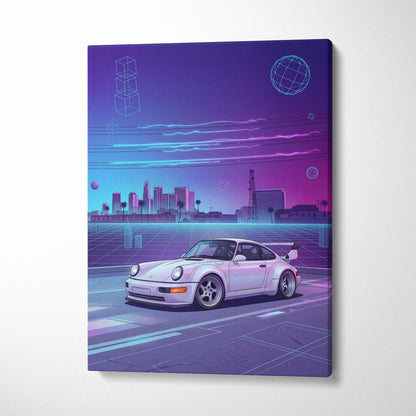 Porsche 911 Turbo Classic Inspired White Purple Canvas Wall Art Vaporwave Neon City Sports Car Artwork, Retro Cyberpunk Garage Decor