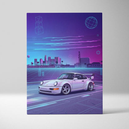 Porsche 911 Turbo Classic Inspired White Purple Canvas Wall Art Vaporwave Neon City Sports Car Artwork, Retro Cyberpunk Garage Decor