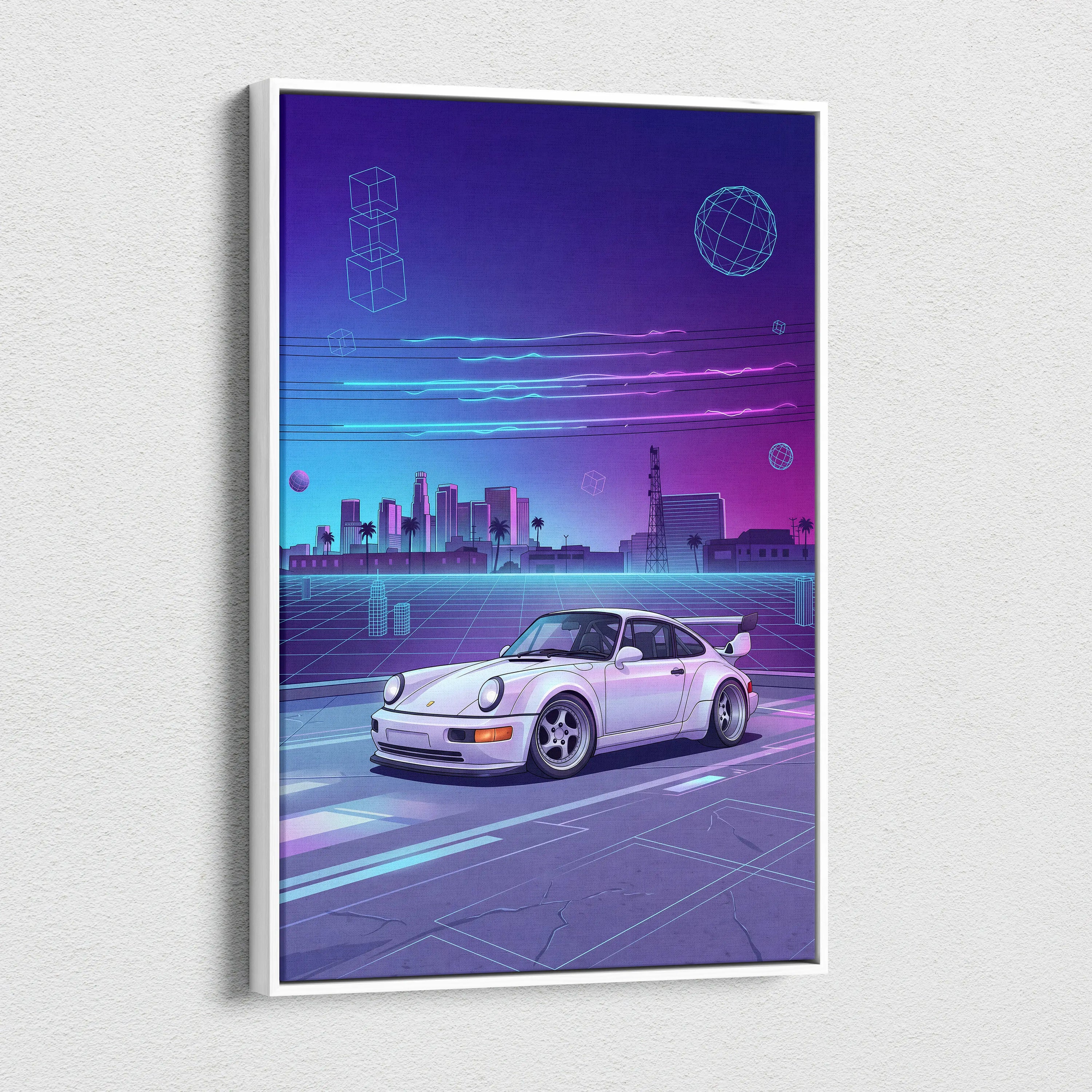 Porsche 911 Turbo Classic Inspired White Purple Canvas Wall Art Vaporwave Neon City Sports Car Artwork, Retro Cyberpunk Garage Decor