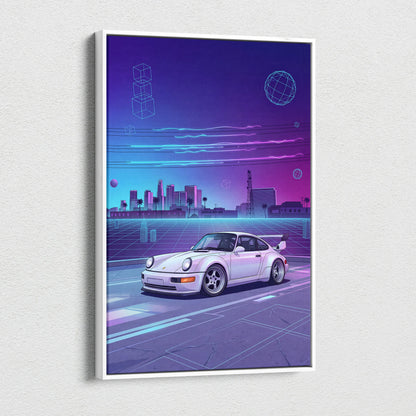 Porsche 911 Turbo Classic Inspired White Purple Canvas Wall Art Vaporwave Neon City Sports Car Artwork, Retro Cyberpunk Garage Decor