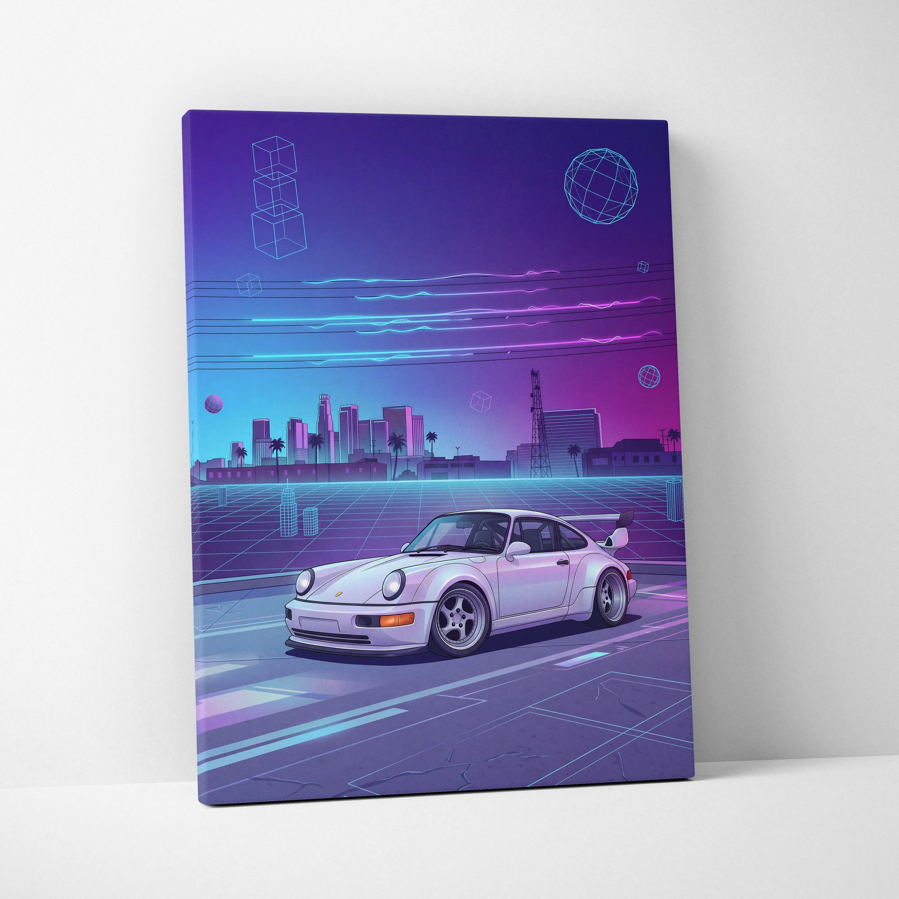 Porsche 911 Turbo Classic Inspired White Purple Canvas Wall Art Vaporwave Neon City Sports Car Artwork, Retro Cyberpunk Garage Decor