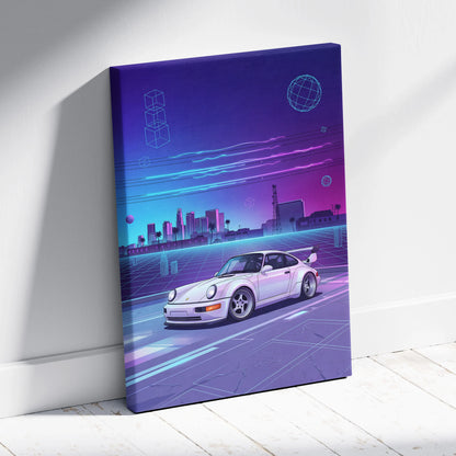 Porsche 911 Turbo Classic Inspired White Purple Canvas Wall Art Vaporwave Neon City Sports Car Artwork, Retro Cyberpunk Garage Decor