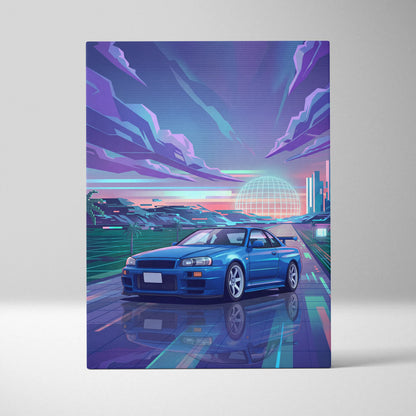 Nissan Skyline GT-R R34 Inspired Blue Purple Canvas Wall Art Vaporwave Neon City JDM Car Artwork, Retro Sunset Garage Decor