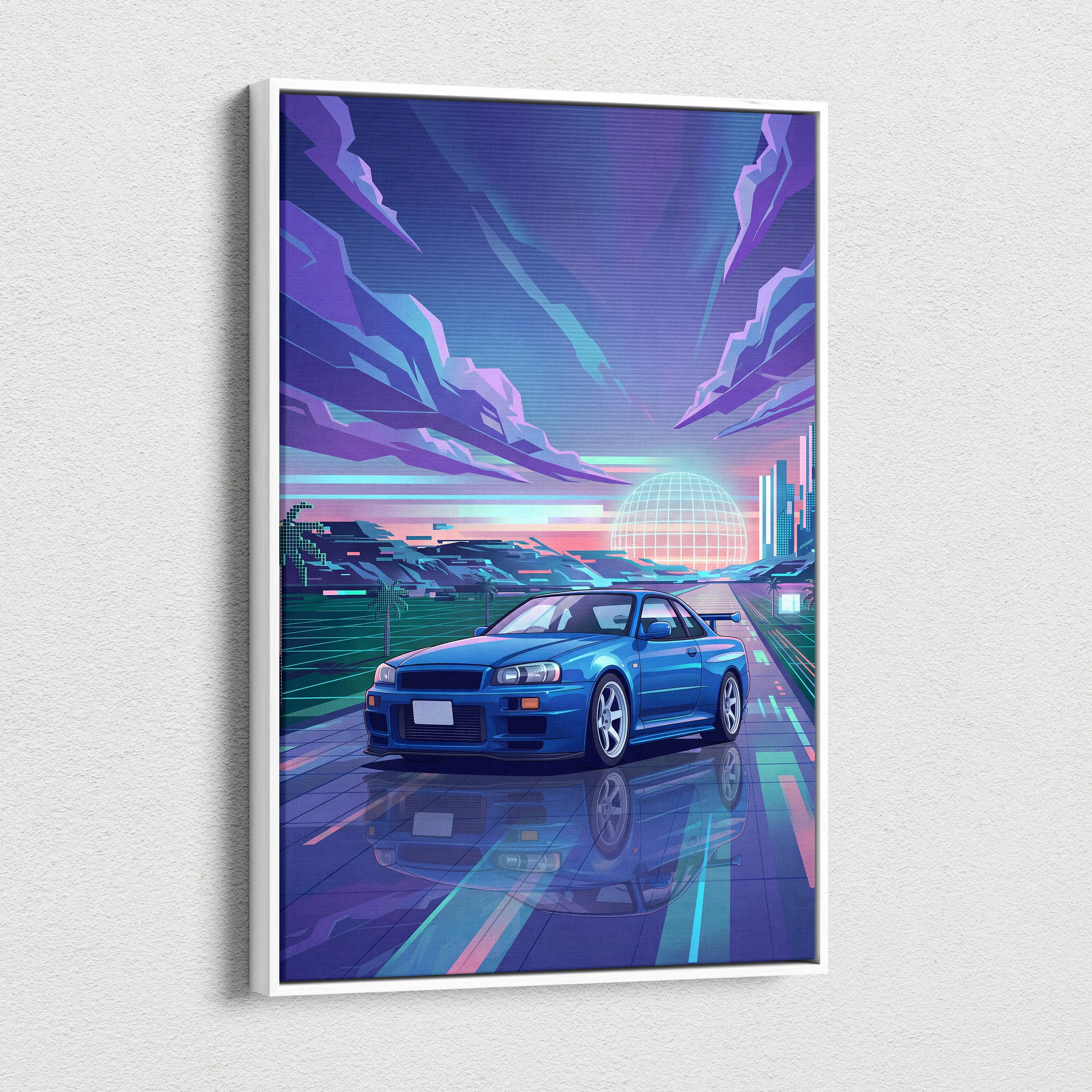 Nissan Skyline GT-R R34 Inspired Blue Purple Canvas Wall Art Vaporwave Neon City JDM Car Artwork, Retro Sunset Garage Decor