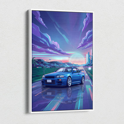 Nissan Skyline GT-R R34 Inspired Blue Purple Canvas Wall Art Vaporwave Neon City JDM Car Artwork, Retro Sunset Garage Decor