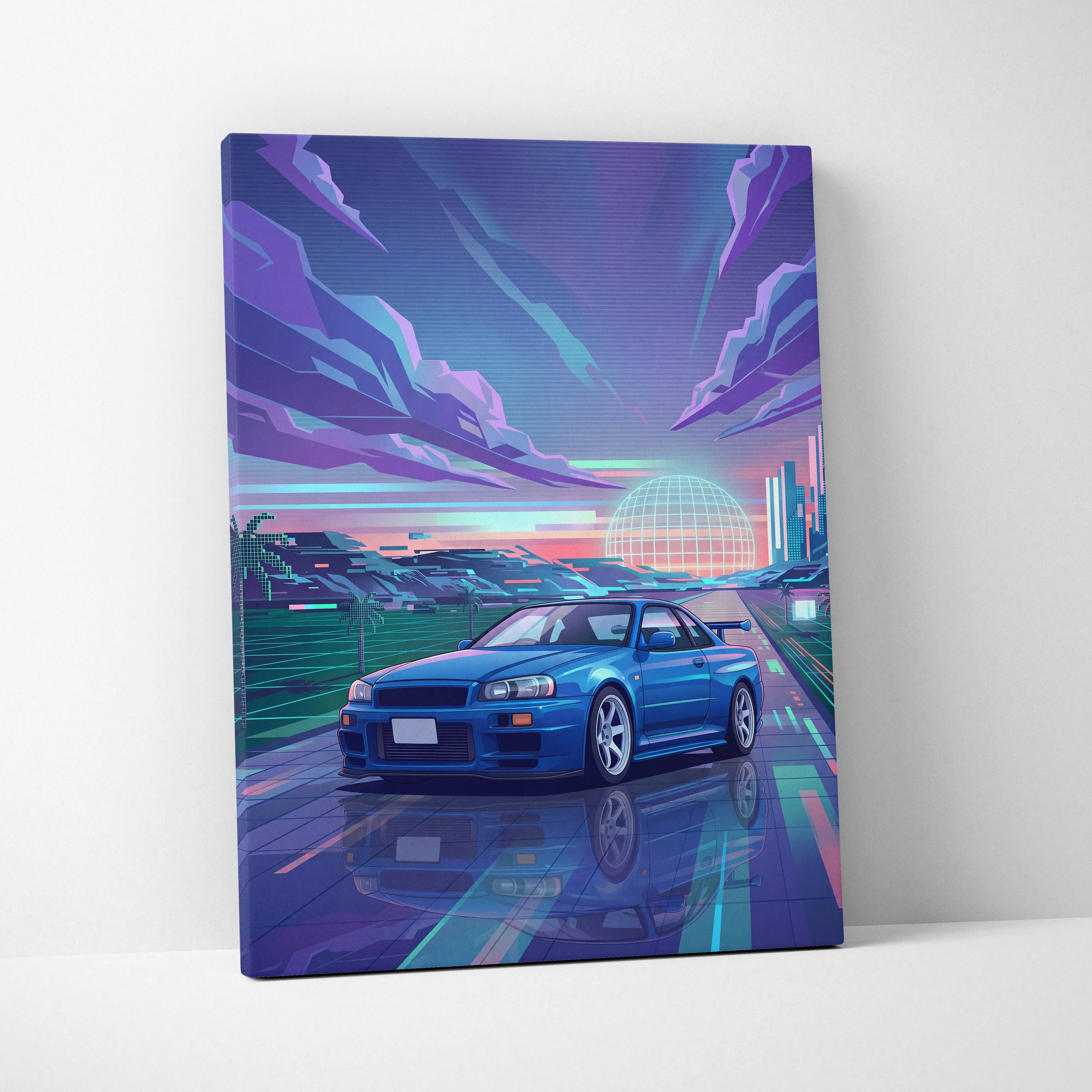 Nissan Skyline GT-R R34 Inspired Blue Purple Canvas Wall Art Vaporwave Neon City JDM Car Artwork, Retro Sunset Garage Decor