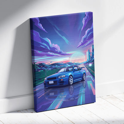 Nissan Skyline GT-R R34 Inspired Blue Purple Canvas Wall Art Vaporwave Neon City JDM Car Artwork, Retro Sunset Garage Decor