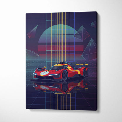 Ferrari 499P Inspired Red Yellow Canvas Wall Art Vaporwave Race Car Artwork Neon Grid Garage Decor Retro Futuristic Motorsport Print