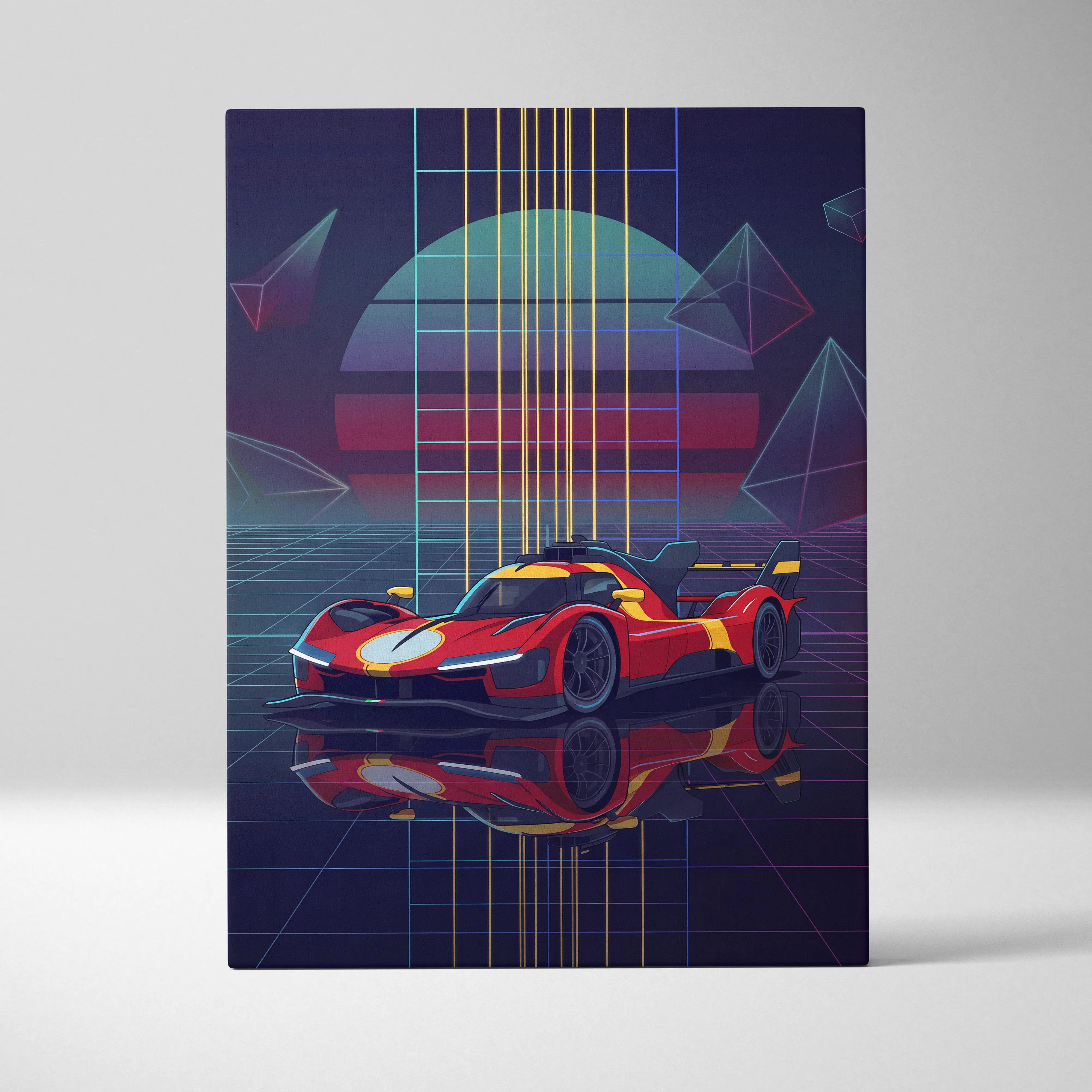 Ferrari 499P Inspired Red Yellow Canvas Wall Art Vaporwave Race Car Artwork Neon Grid Garage Decor Retro Futuristic Motorsport Print