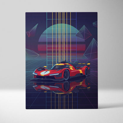 Ferrari 499P Inspired Red Yellow Canvas Wall Art Vaporwave Race Car Artwork Neon Grid Garage Decor Retro Futuristic Motorsport Print
