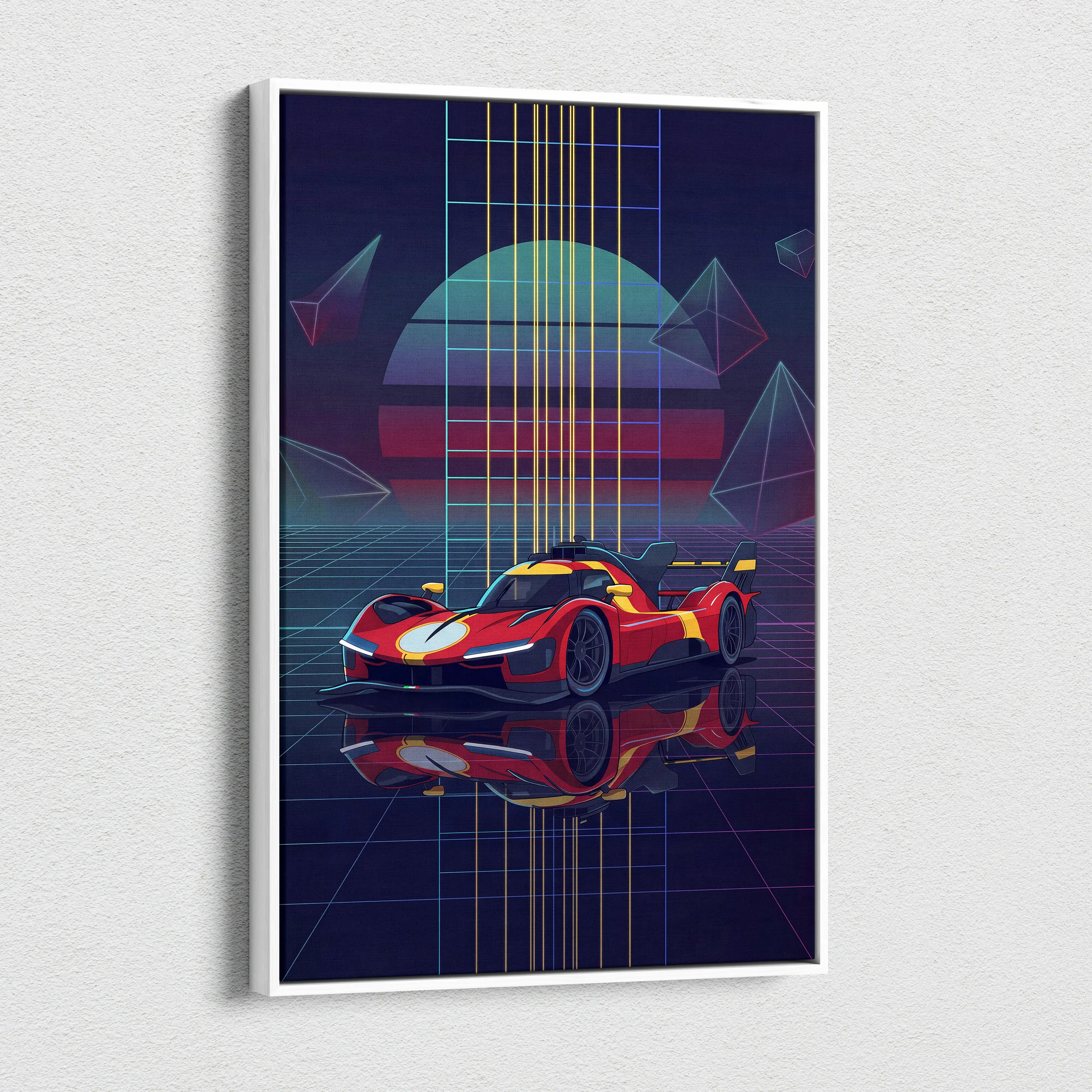 Ferrari 499P Inspired Red Yellow Canvas Wall Art Vaporwave Race Car Artwork Neon Grid Garage Decor Retro Futuristic Motorsport Print