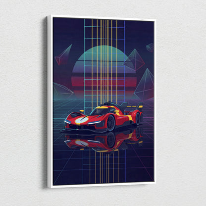 Ferrari 499P Inspired Red Yellow Canvas Wall Art Vaporwave Race Car Artwork Neon Grid Garage Decor Retro Futuristic Motorsport Print