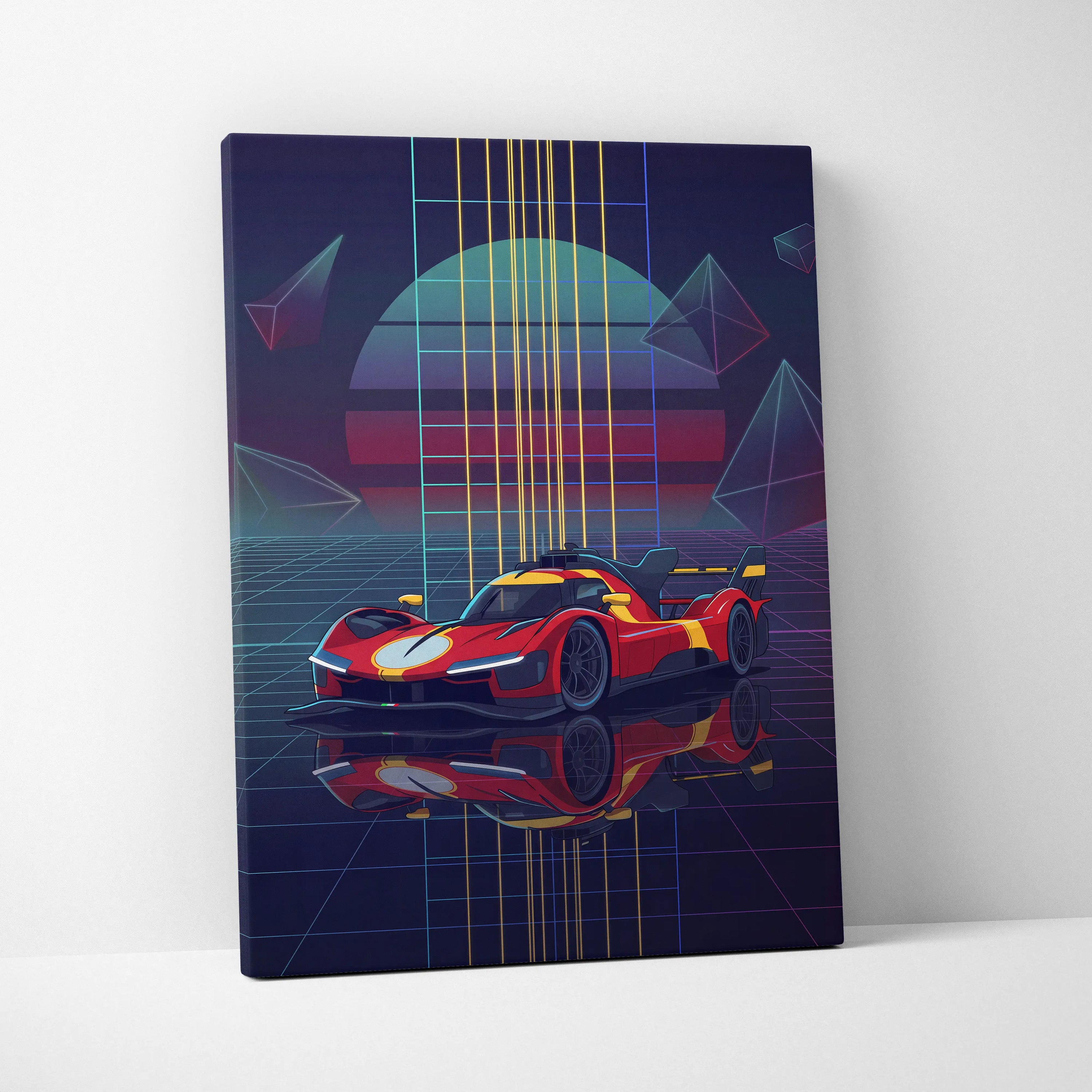 Ferrari 499P Inspired Red Yellow Canvas Wall Art Vaporwave Race Car Artwork Neon Grid Garage Decor Retro Futuristic Motorsport Print