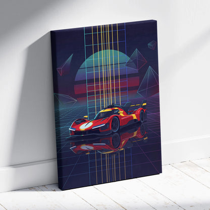 Ferrari 499P Inspired Red Yellow Canvas Wall Art Vaporwave Race Car Artwork Neon Grid Garage Decor Retro Futuristic Motorsport Print
