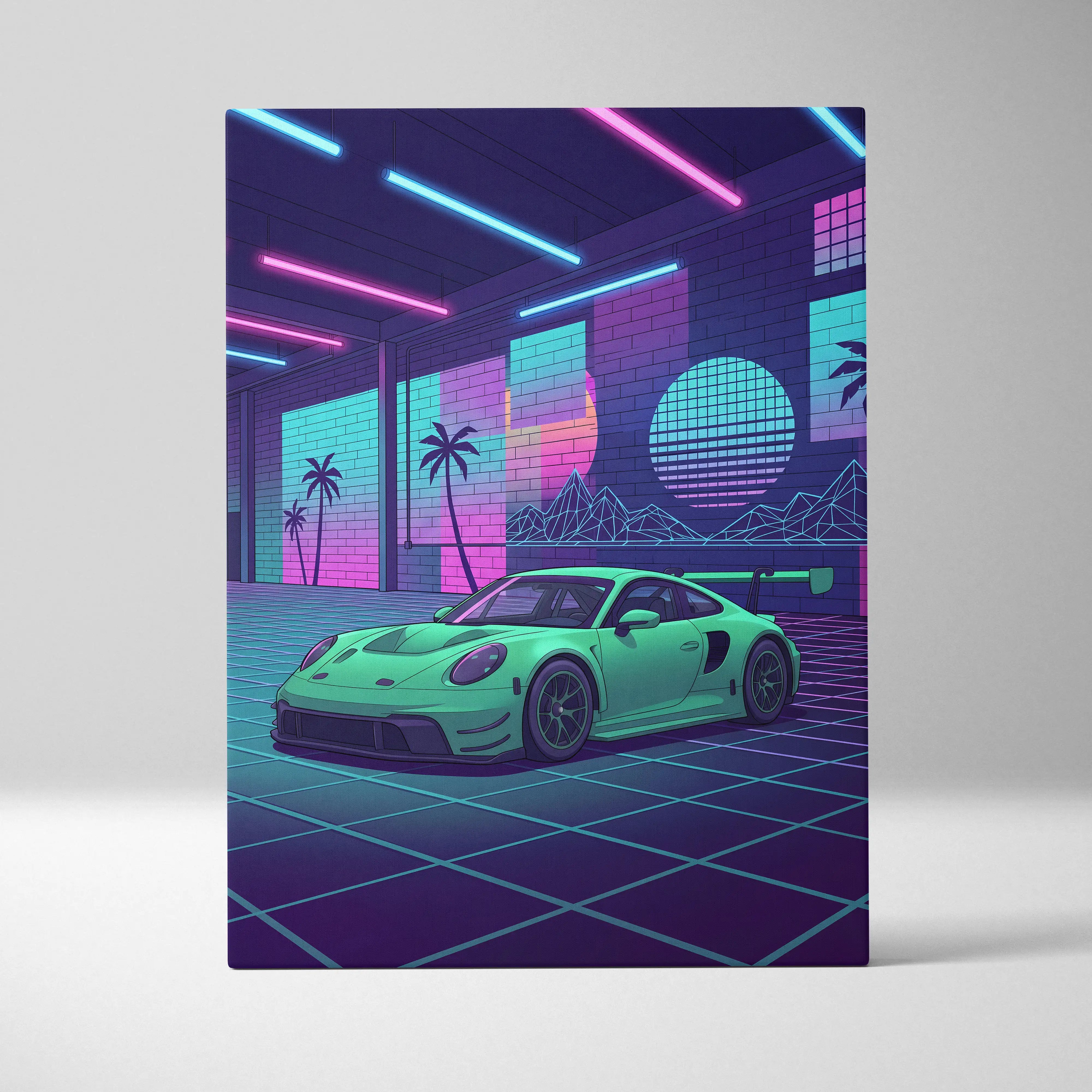 Porsche 911 GT3 RS Inspired Green Purple Canvas Wall Art Vaporwave Neon Garage Sports Car Artwork, Retro Grid Motorsport Decor