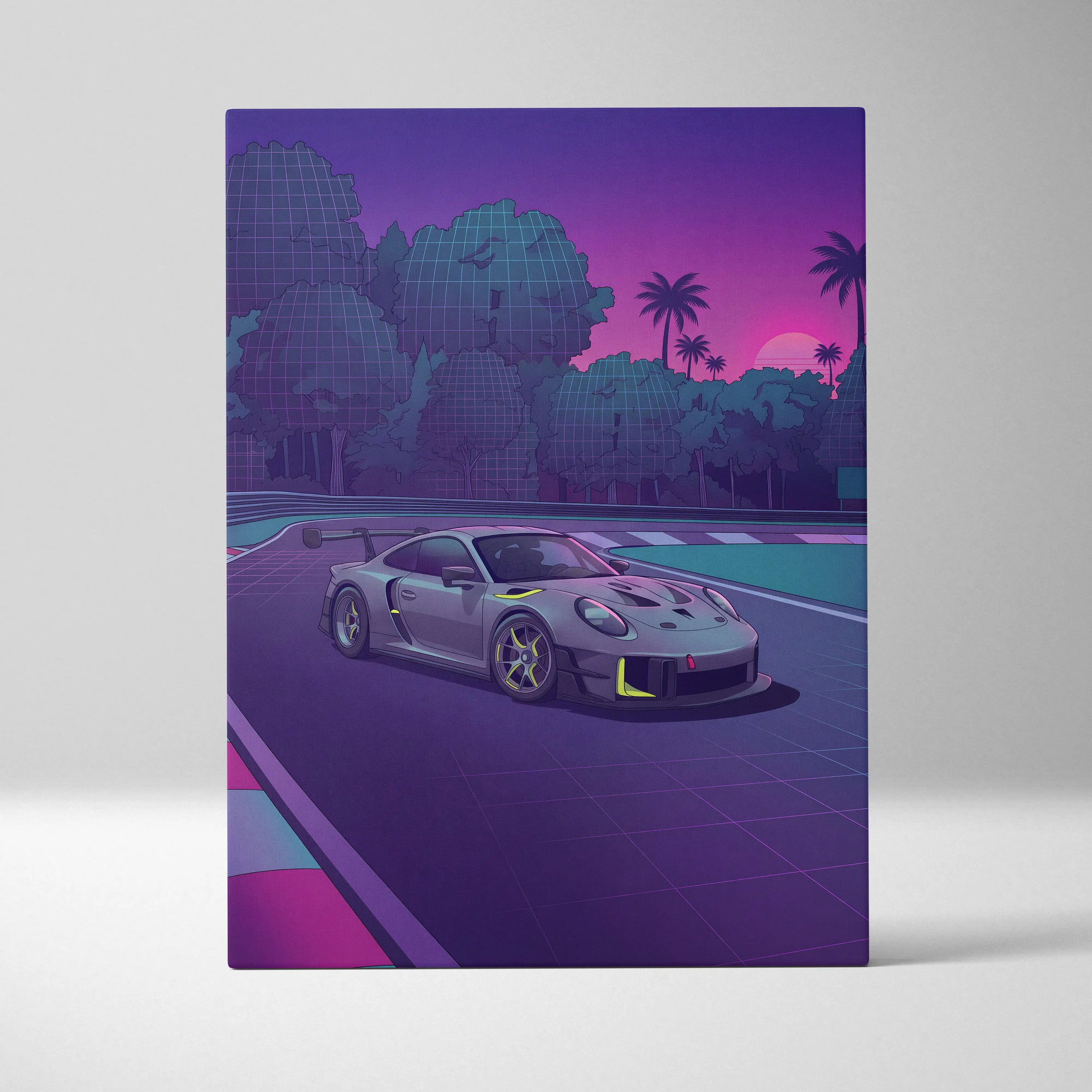 Porsche 911 GT3 RS Inspired Gray Purple Canvas Wall Art Vaporwave Sunset Race Track Sports Car Artwork, Neon Palm Garage Decor