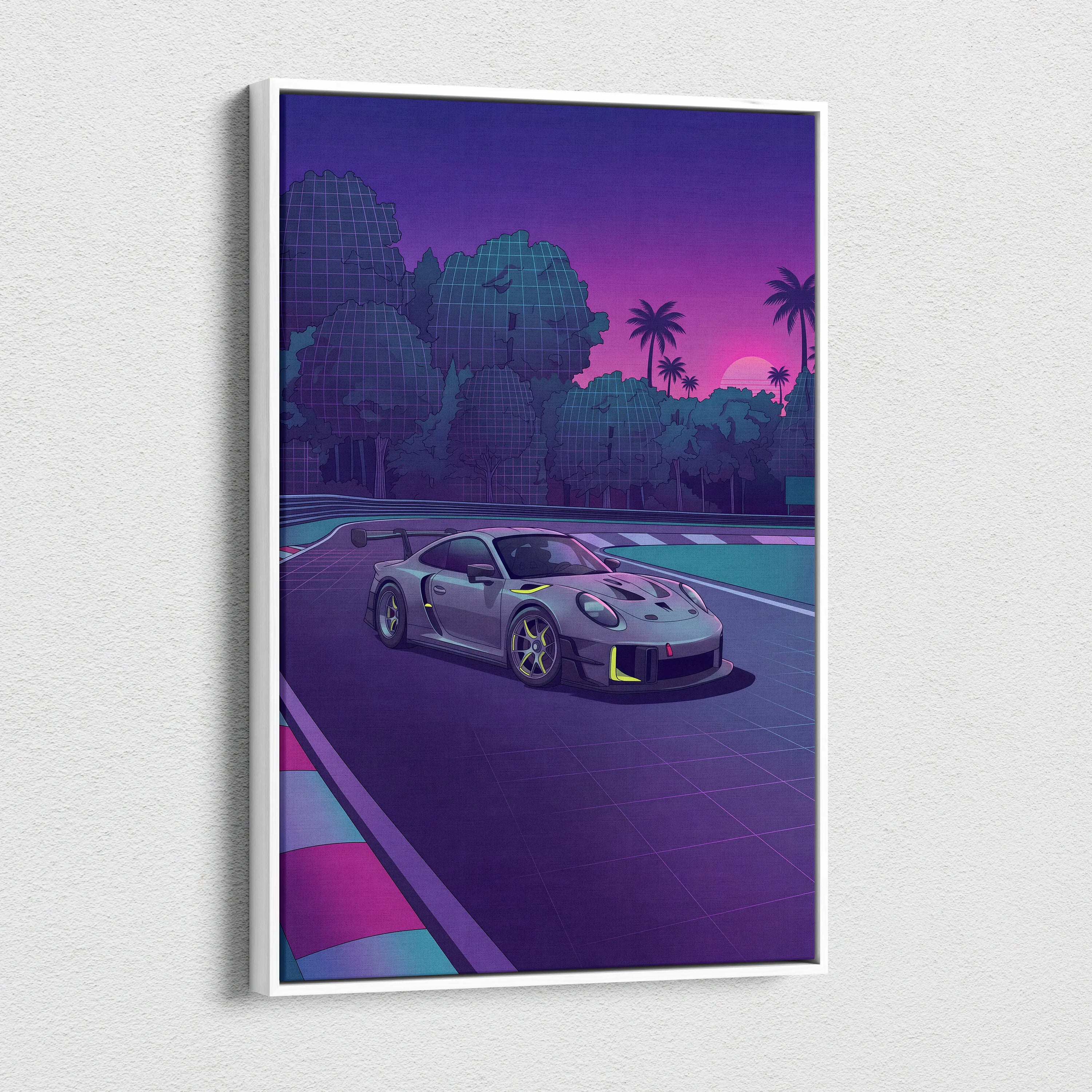 Porsche 911 GT3 RS Inspired Gray Purple Canvas Wall Art Vaporwave Sunset Race Track Sports Car Artwork, Neon Palm Garage Decor