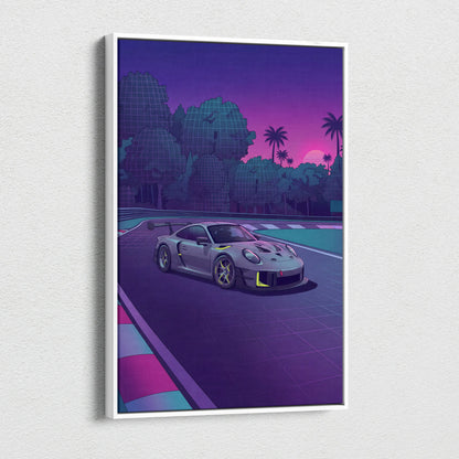 Porsche 911 GT3 RS Inspired Gray Purple Canvas Wall Art Vaporwave Sunset Race Track Sports Car Artwork, Neon Palm Garage Decor