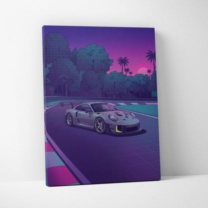 Porsche 911 GT3 RS Inspired Gray Purple Canvas Wall Art Vaporwave Sunset Race Track Sports Car Artwork, Neon Palm Garage Decor