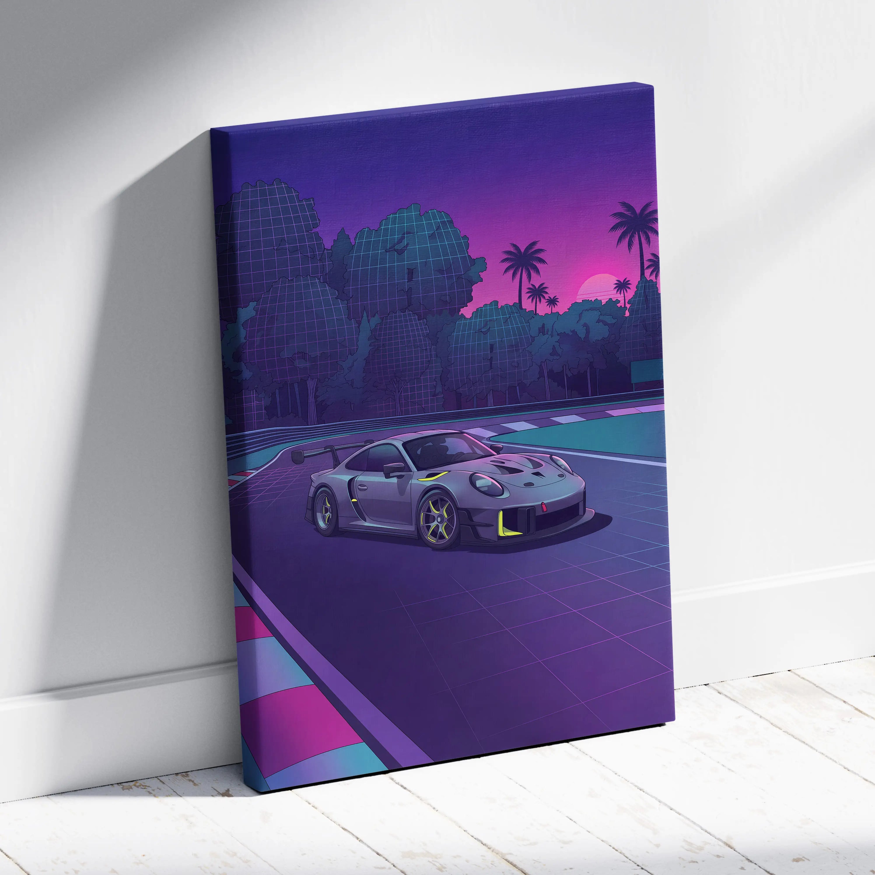Porsche 911 GT3 RS Inspired Gray Purple Canvas Wall Art Vaporwave Sunset Race Track Sports Car Artwork, Neon Palm Garage Decor