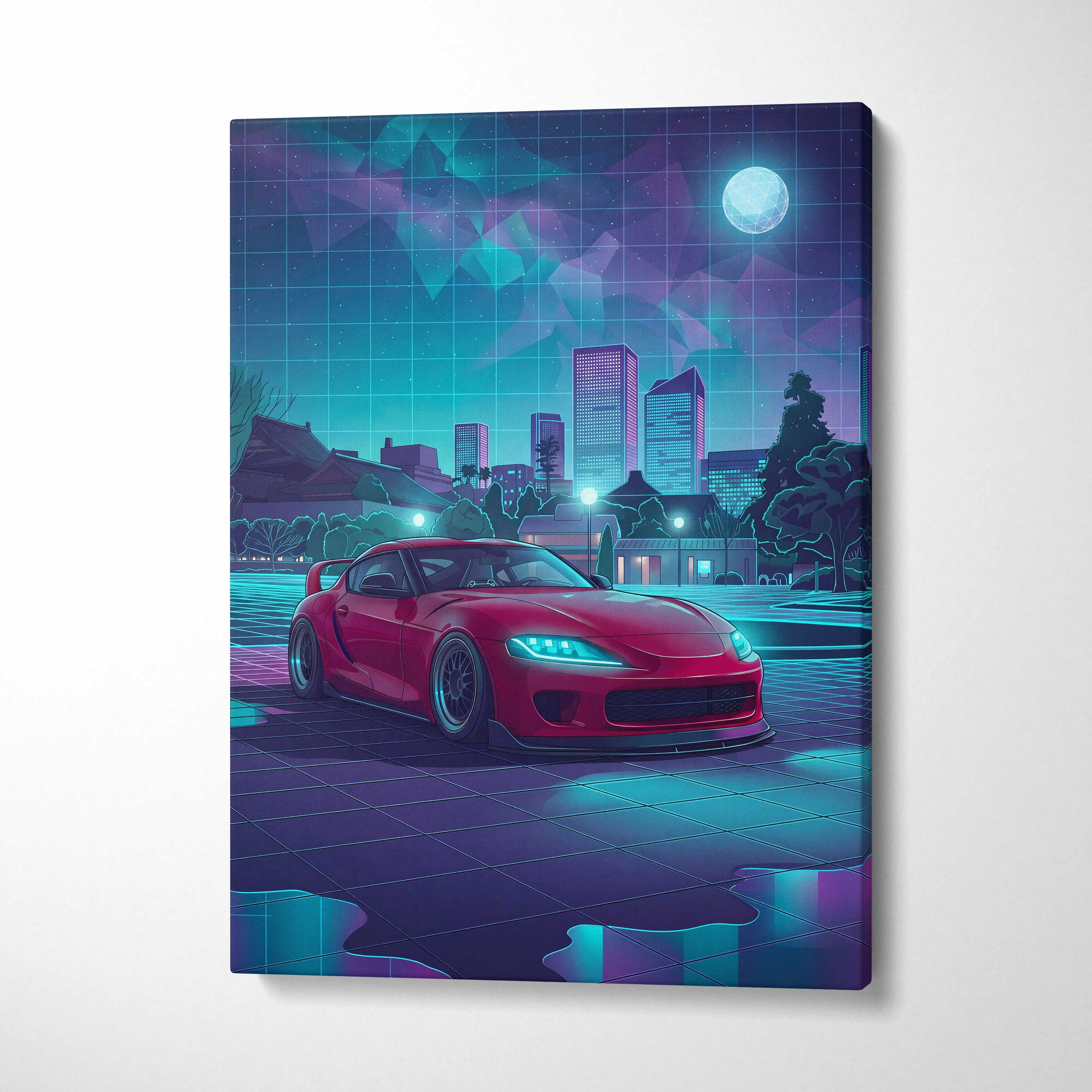 Toyota Supra MK5 Inspired Red Teal Canvas Wall Art Vaporwave JDM Sports Car Artwork Neon City Garage Decor Retro Futuristic Night Print