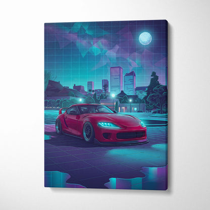 Toyota Supra MK5 Inspired Red Teal Canvas Wall Art Vaporwave JDM Sports Car Artwork Neon City Garage Decor Retro Futuristic Night Print