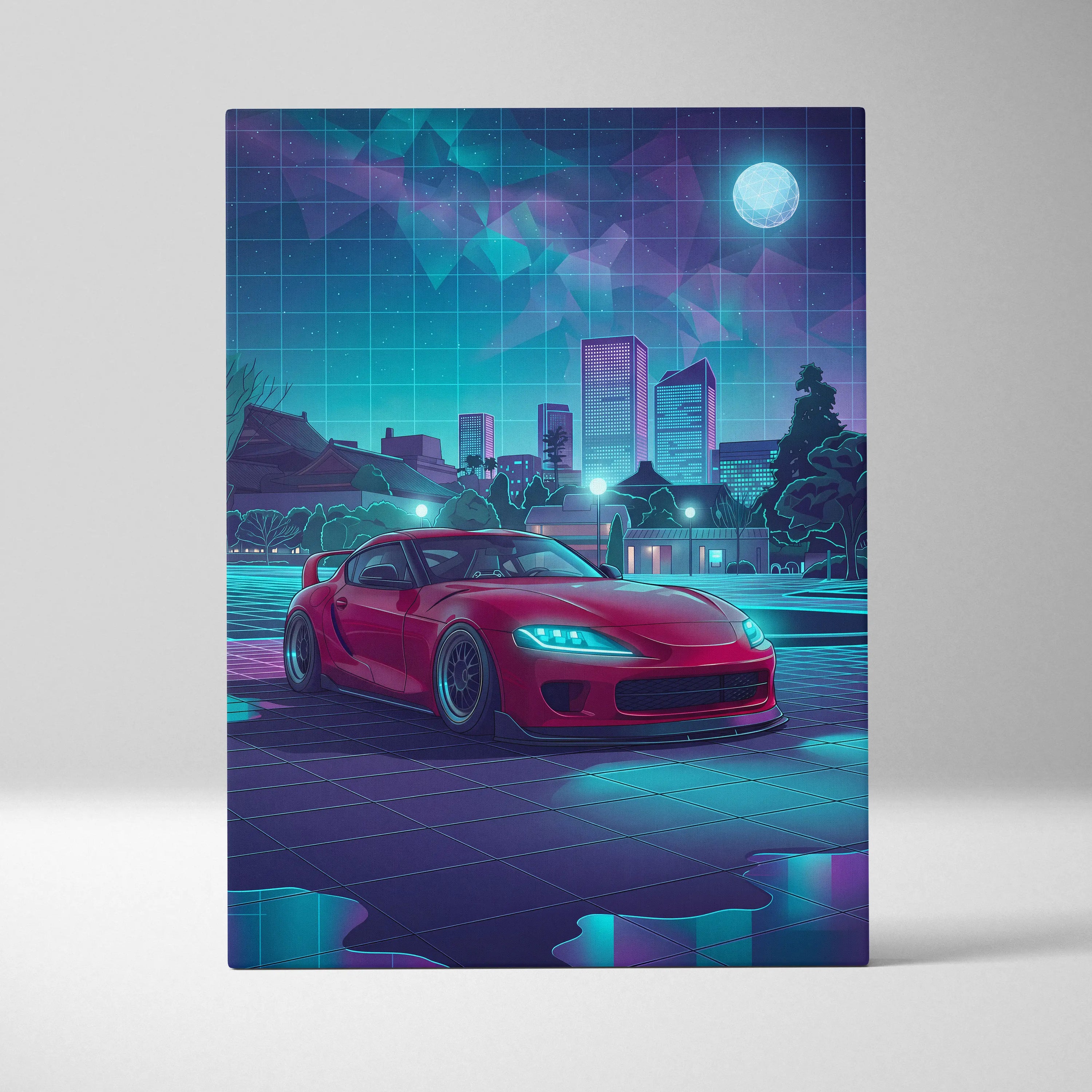 Toyota Supra MK5 Inspired Red Teal Canvas Wall Art Vaporwave JDM Sports Car Artwork Neon City Garage Decor Retro Futuristic Night Print
