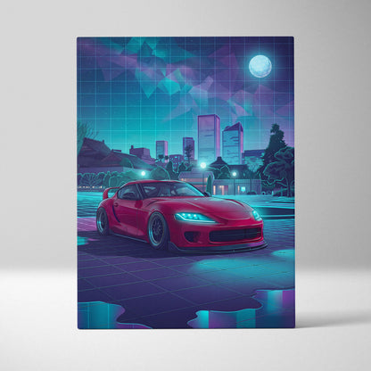 Toyota Supra MK5 Inspired Red Teal Canvas Wall Art Vaporwave JDM Sports Car Artwork Neon City Garage Decor Retro Futuristic Night Print