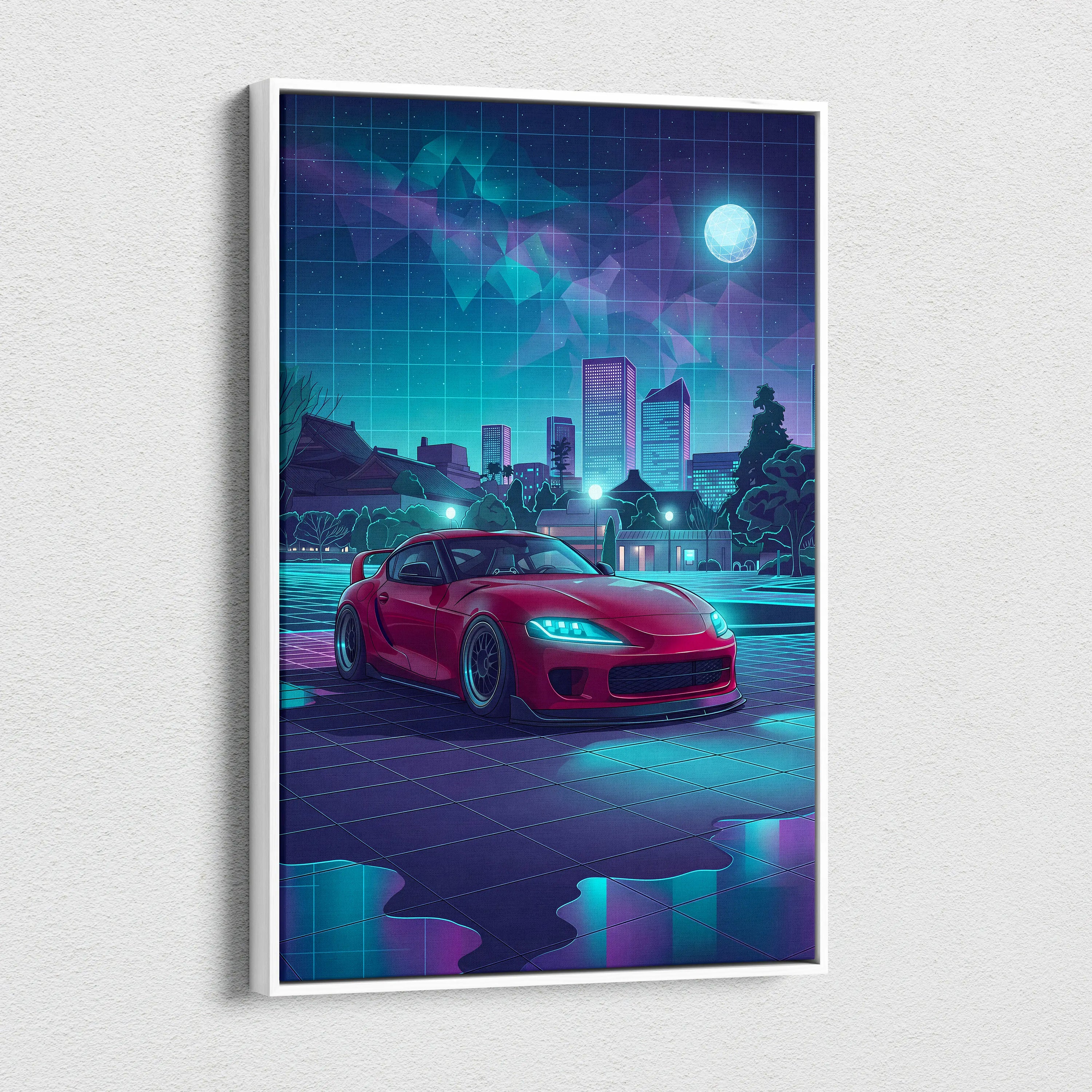 Toyota Supra MK5 Inspired Red Teal Canvas Wall Art Vaporwave JDM Sports Car Artwork Neon City Garage Decor Retro Futuristic Night Print